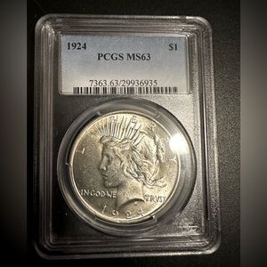 1924 Silver Peace Dollar PCGS MS63 Near perfect
